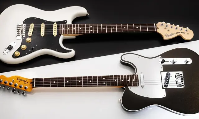Stratocaster blanche et Telecaster noire, deux icônes Fender côte à côte. Le choix du guitariste entre ces deux légendes.