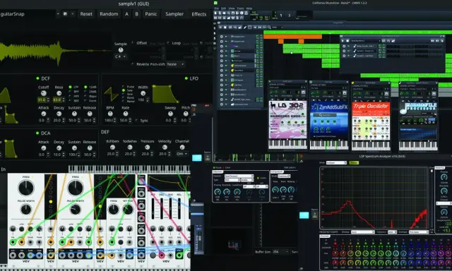 Interface de création musicale sous daw linux, avec pistes audio, synthétiseurs virtuels et analyseur de spectre.