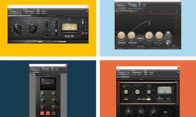 Maîtriser le compresseur : interfaces de plugins audio pour le mixage, incluant CLA-76, FabFilter Pro-C2, SSL Comp et dbx 160.