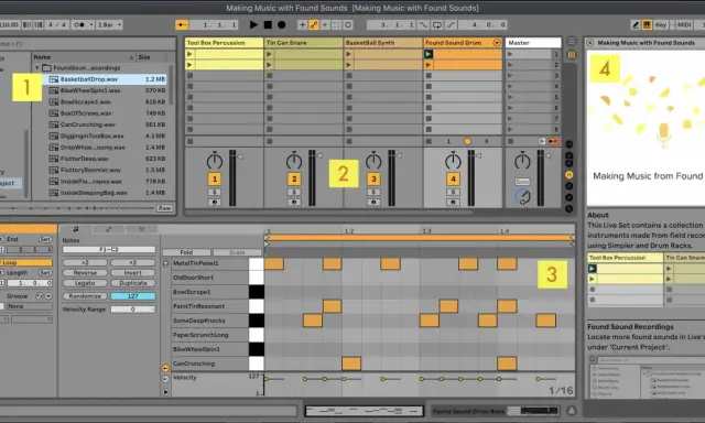 Dans Ableton Live, un **ableton sampler** est utilisé pour organiser et déclencher des sons. Ici, des bruits du quotidien sont transformés en musique.