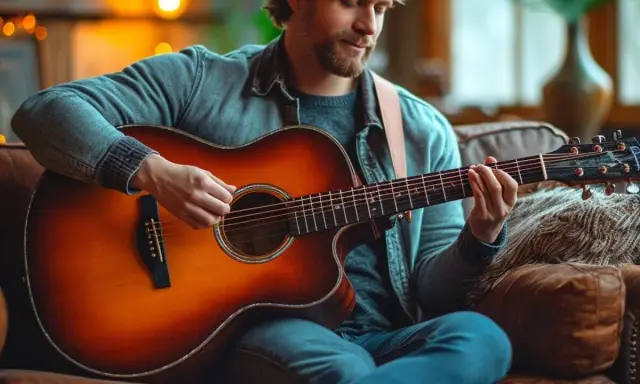 Un homme joue d'une guitare acoustique sunburst sur un canapé en cuir. Il réfléchit à quelle guitare choisir pour sa prochaine chanson.