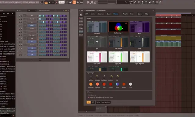 Interface de FL Studio montrant les options de thèmes, avec des aperçus de "Dark orange 2" et "Light tangerine" parmi d'autres.