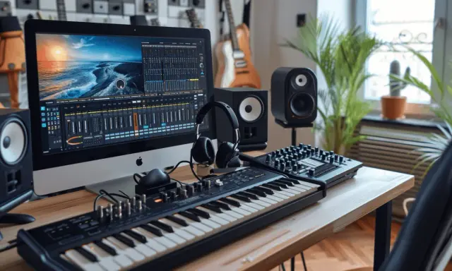Bureau de musique avec écran affichant une table de mixage, clavier, casque et enceintes. Le port midi est prêt pour la création sonore.