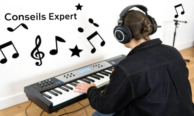Personne avec casque jouant du clavier, entourée de notes de musique. Idéal pour un site pour faire des instru gratuit.