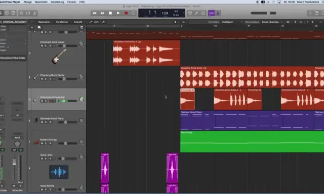 Logic Pro X : une piste "Chronicles Echo Guitar" est visible, avec d'autres pistes de guitare, piano et cordes.