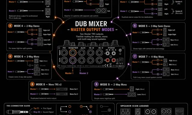 Schéma du Dub Mixer, montrant les 9 modes de sortie master pour une reamping box.