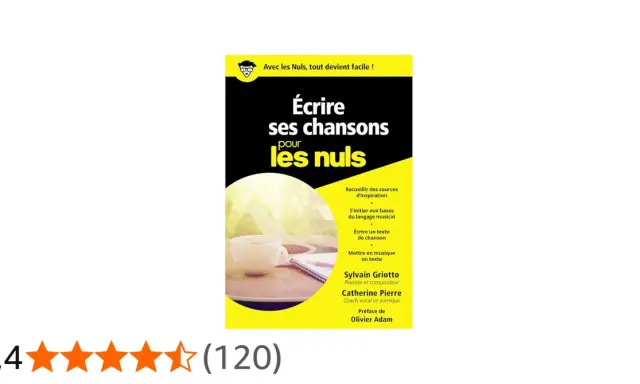 Livre "Écrire ses chansons pour les nuls" expliquant comment on écrit musique, avec une tasse de café et une guitare en arrière-plan.