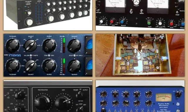 Ensemble de matériel audio professionnel, incluant un compresseur multibande, des vu-mètres et des circuits internes.