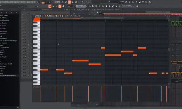 Piano Roll dans FL Studio, montrant des notes orange créant une mélodie. L'arpeggiator fl studio est en cours de création.