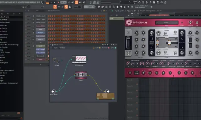 FL Studio 21 sur Mac, avec le synthétiseur Sakura et un séquenceur VFX.