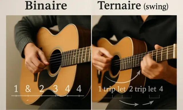 Deux guitares acoustiques, l'une illustrant un rythme binaire (mesure 3/4), l'autre un rythme ternaire (swing).