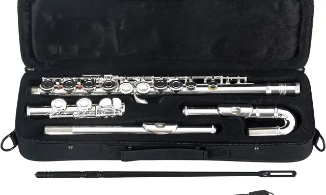 Étui ouvert révélant un gros instrument à vent argenté, une flûte traversière, démontée en plusieurs parties, prête pour la musique.