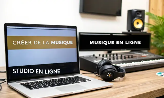 Un ordinateur portable affiche "CRÉER DE LA MUSIQUE" et "STUDIO EN LIGNE". Un clavier, des écouteurs et un moniteur de studio sont prêts pour faire de la musique en ligne.