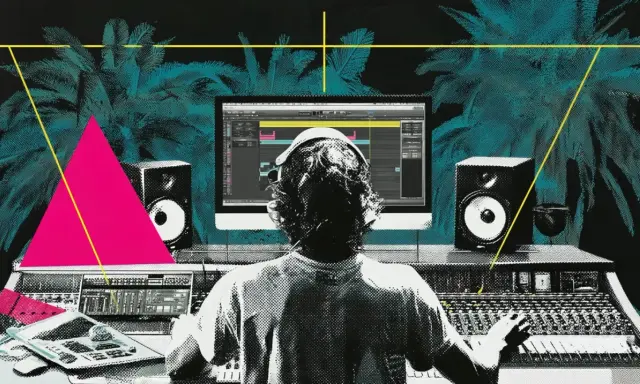 Un producteur de musique, casque sur les oreilles, face à son écran, navigue entre Ableton et Cubase. Palmiers stylisés et formes géométriques.