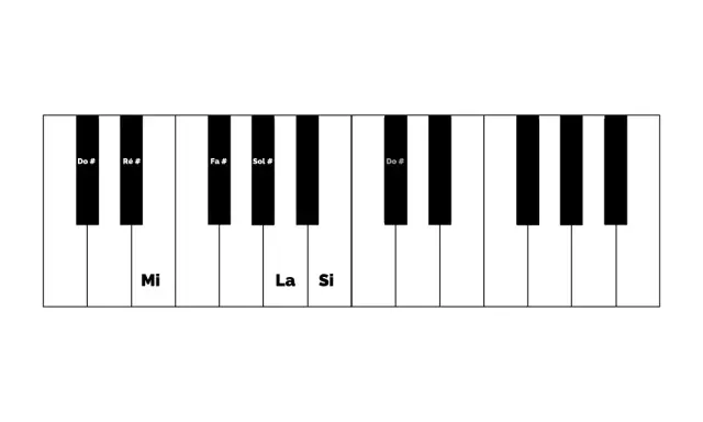 Clavier de piano avec les notes Do #, Ré #, Fa #, Sol # et Do # indiquées. Les notes Mi, La et Si sont également visibles.