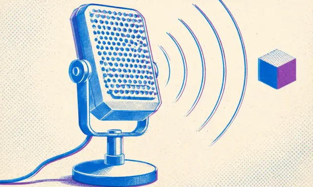 Microphone vintage bleu émettant des ondes sonores vers un cube. Idéal pour un voice tag gratuit.