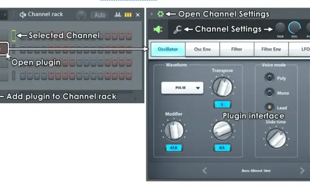 Interface FL Studio Mobile : sélectionner MiniSynth, ouvrir le plugin, puis ajuster les paramètres de l'oscillateur.