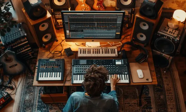 Un artiste crée de la **production musique** dans son studio, entouré de claviers, synthétiseurs, guitares et enceintes.