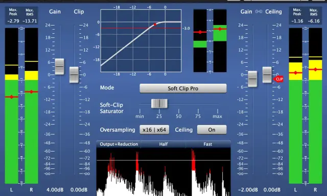 Interface d'un logiciel audio montrant un graphique de courbe de gain avec un effet soft clipper, des vu-mètres et des contrôles.