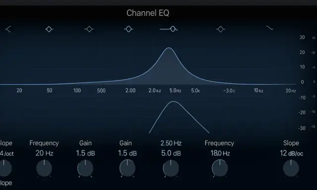 Écran de réglage égaliseur 5 bandes, avec courbes de fréquences et potentiomètres pour ajuster le son.