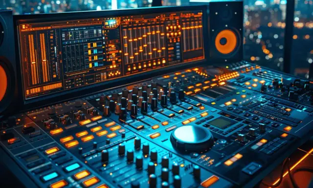 Console de mixage audio illuminée, parfaite pour une formation mixage audio. Les lumières bleues et oranges créent une ambiance de studio nocturne.