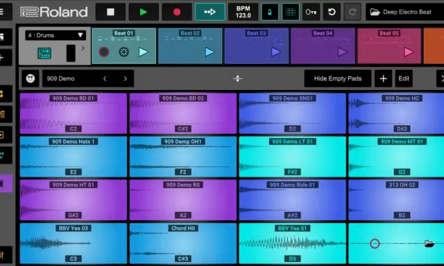 Interface d'une appli pour créer sa propre musique, avec des pistes audio et des pads de batterie.