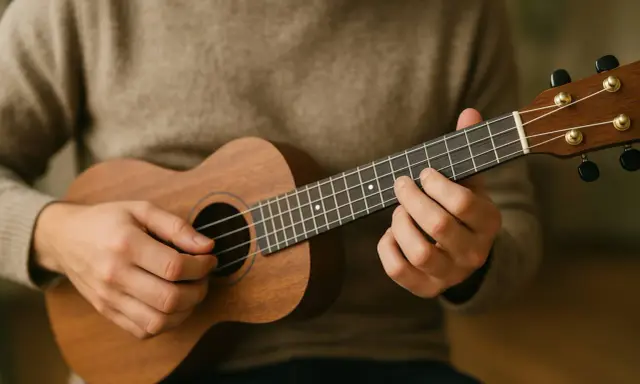 Main d'un musicien jouant un ukulélé, ses doigts formant un nom d'accord guitare sur le manche.