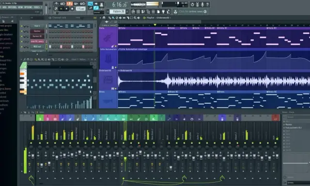Interface d'un logiciel MIDI montrant une piste de violon, une piste de violoncelle et des pistes de cuivres avec des notes et des automations.