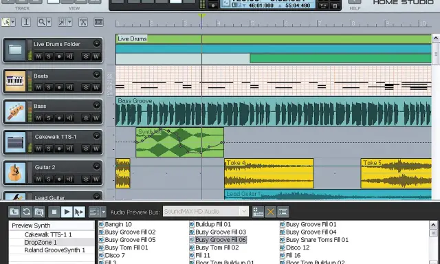 Interface du logiciel Cakewalk, affichant des pistes audio et MIDI pour la création musicale.