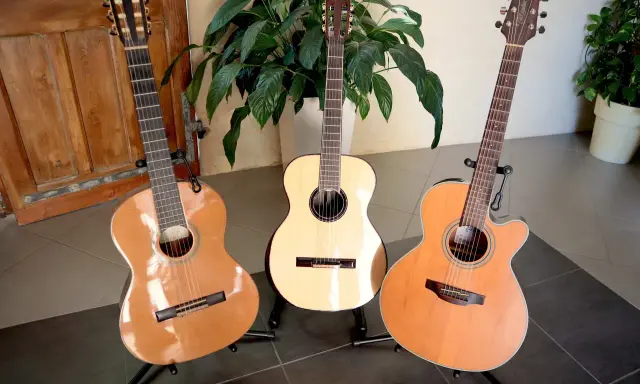 Trois guitares folk nylon, une classique, une électro-acoustique et une autre, se tiennent fièrement sur leurs supports, prêtes à faire vibrer leurs cordes.