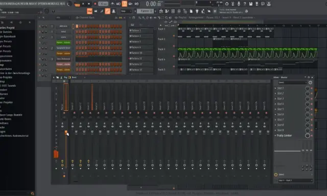 Le fl studio mixer montre des curseurs de volume pour chaque piste, avec le Master en surbrillance.