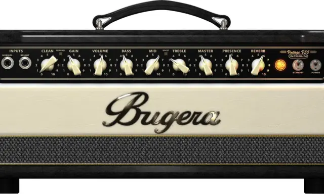 Ampli guitare Bugera V5 Infinium, crème et noir, avec ses nombreux réglages et le logo Bugera en son centre.