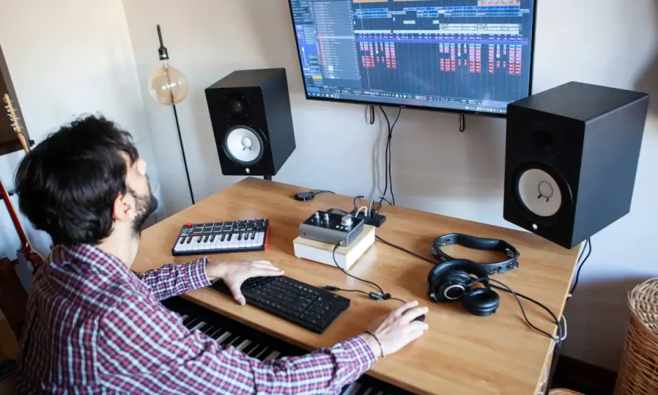 Un homme crée de la musique dans son studio. Il utilise un clavier, un ordinateur et des enceintes pour apprendre comment écrire un son.
