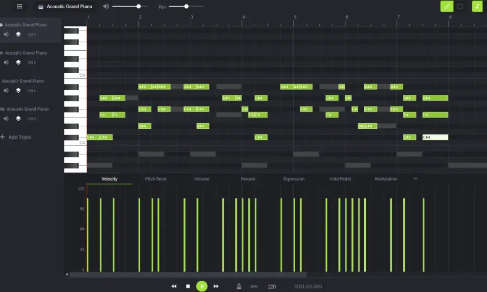 Un piano roll affiche des notes de musique sur une grille, comme des blocs de construction pour une mélodie.