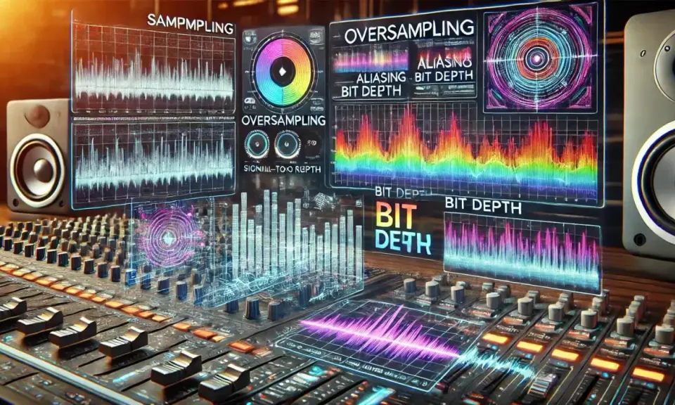 Table de mixage avec écrans affichant des graphiques d'ondes et des indicateurs de signal numérique, tels que le "bit depth" et l'"oversampling".