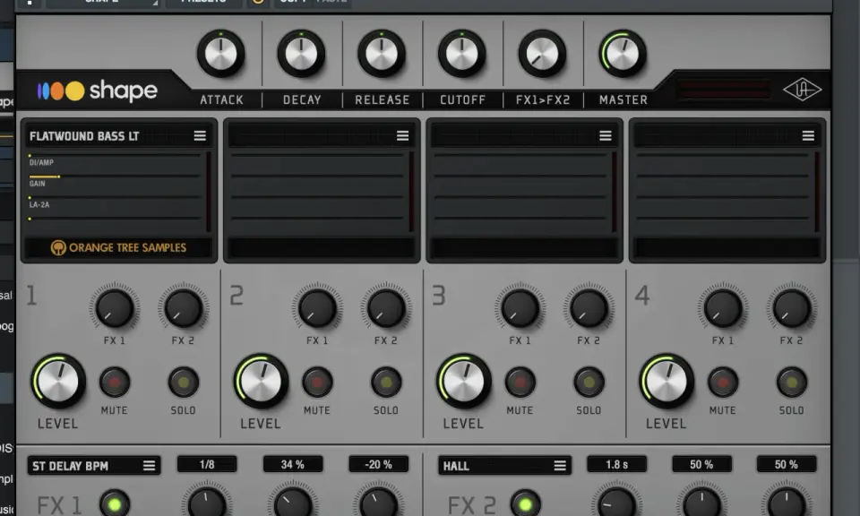 Interface du logiciel luna shape, avec des contrôles pour un instrument virtuel de basse.