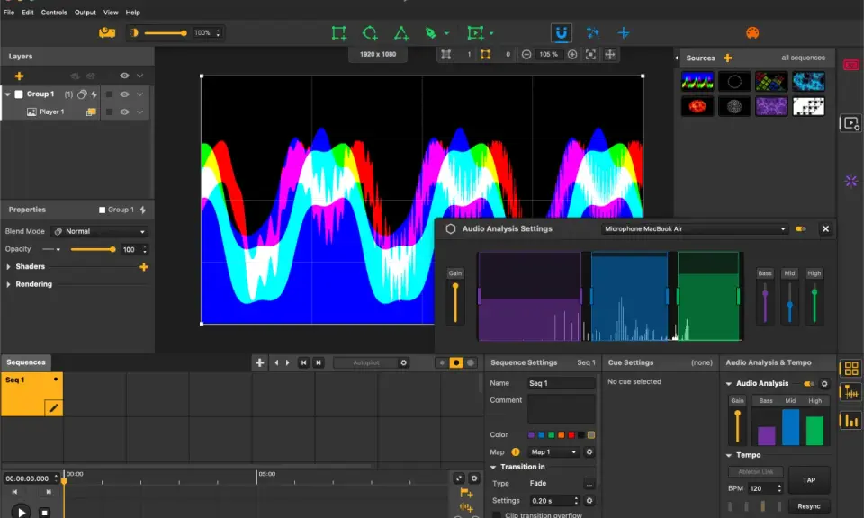 Interface d'un logiciel live montrant des formes d'onde audio colorées et des réglages d'analyse audio.