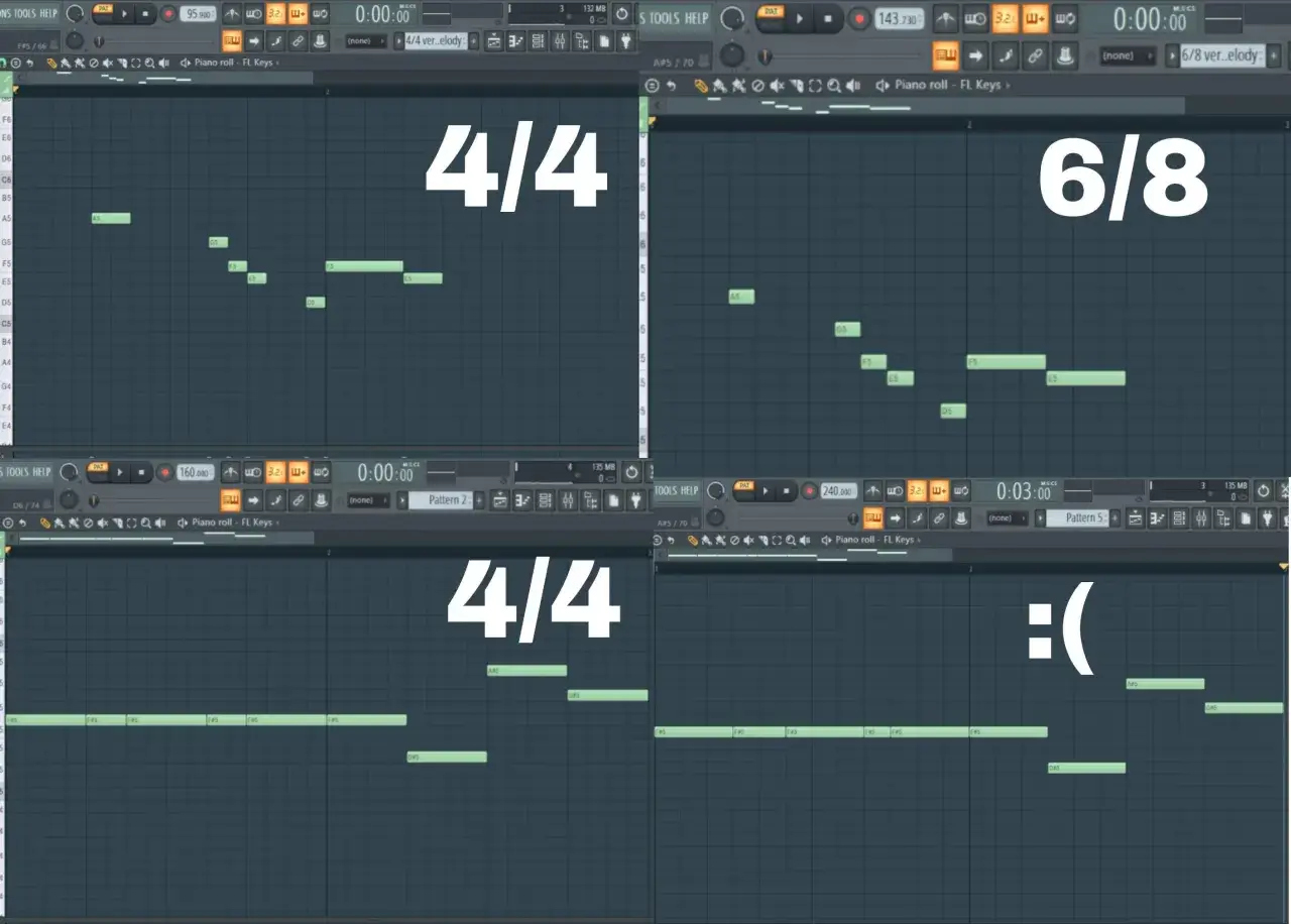 Quatre vues d'un logiciel de musique montrant des notes sur un piano roll. Deux vues affichent "4/4", une "6/8" et une triste émoticône. La signature rythmique varie.