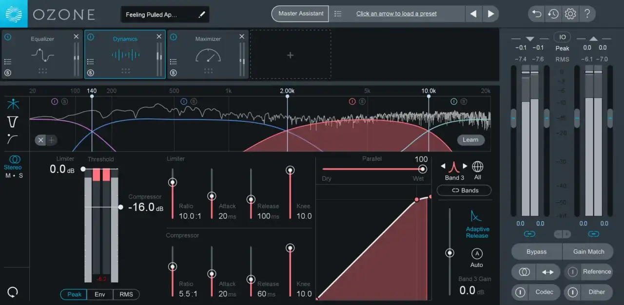 Interface d'un logiciel audio montrant un compresseur multibande avec des réglages de ratio, d'attaque et de release.