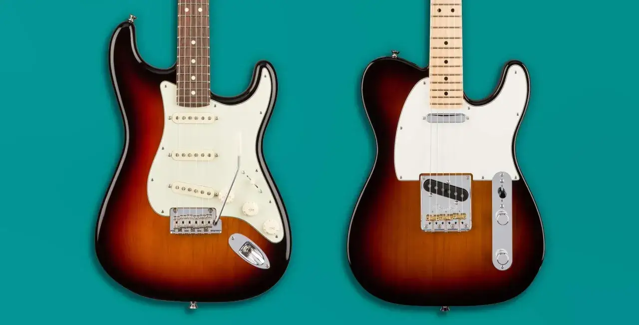 Comparaison visuelle entre une guitare Stratocaster et une Telecaster, deux icônes de la musique.