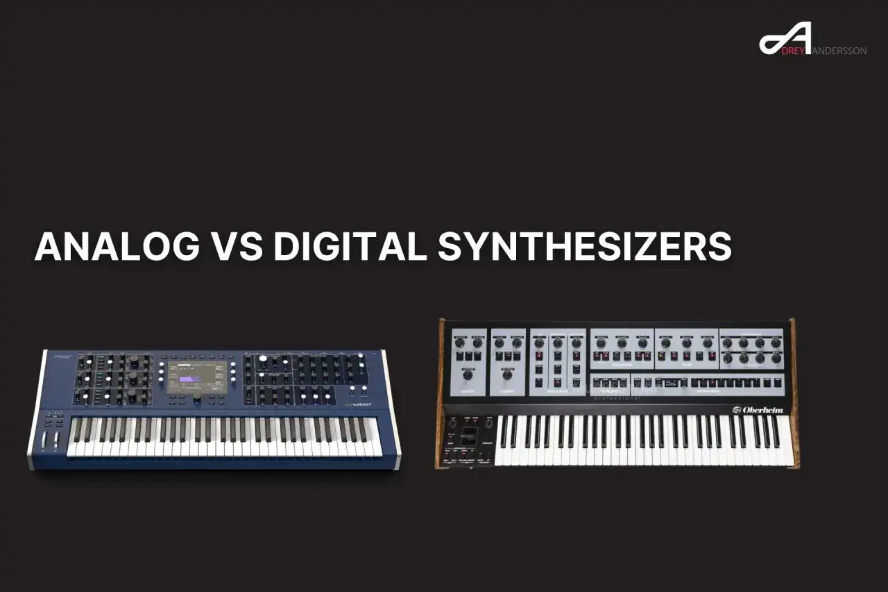 Deux synthétiseurs côte à côte : un bleu moderne, l'autre vintage en bois. Lequel est analogique, lequel est numérique ?
