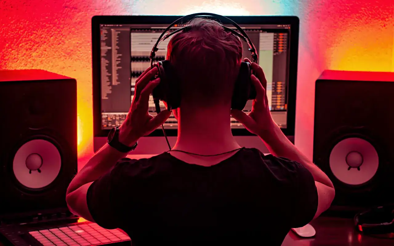 Un producteur de musique, casque sur les oreilles, ajuste son son devant un écran d'ordinateur. La scène, baignée de lumières rouges et bleues, illustre la culture musicale moderne.