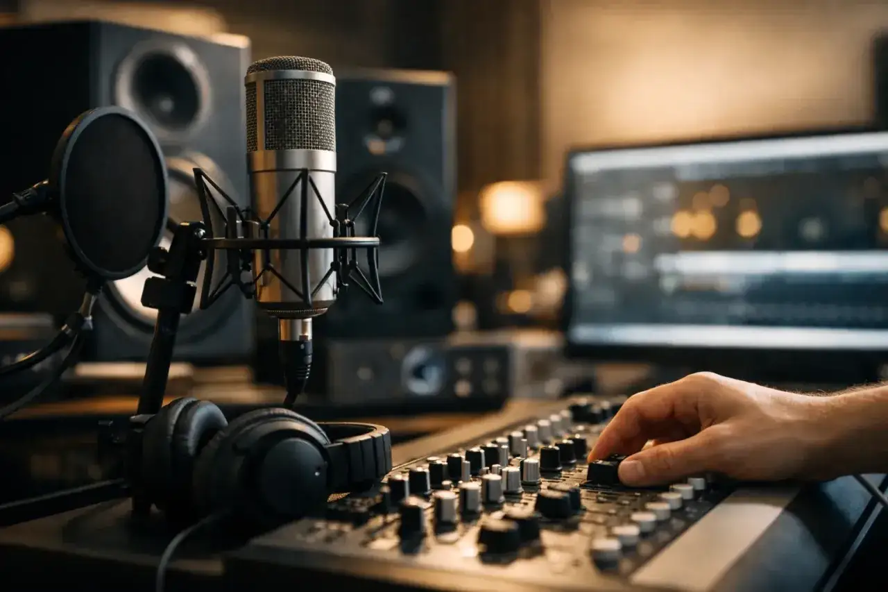 Un studio d'enregistrement avec un microphone, des enceintes, un casque et une console de mixage audio. Une main ajuste les potentiomètres pour un mixage audio parfait.