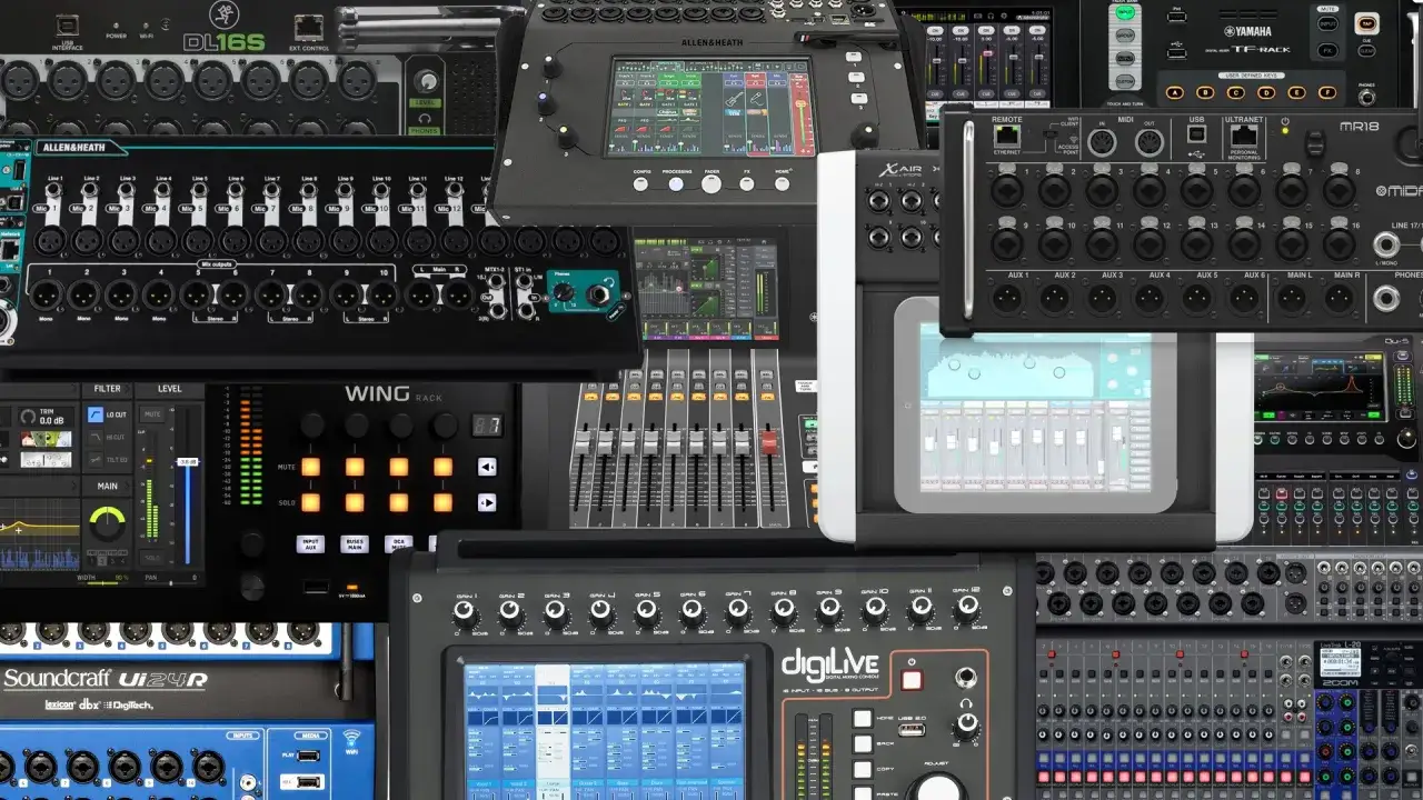 Une collection de consoles de mixage numériques et d'interfaces audio, dont une table de mixage virtuelle affichée sur une tablette.