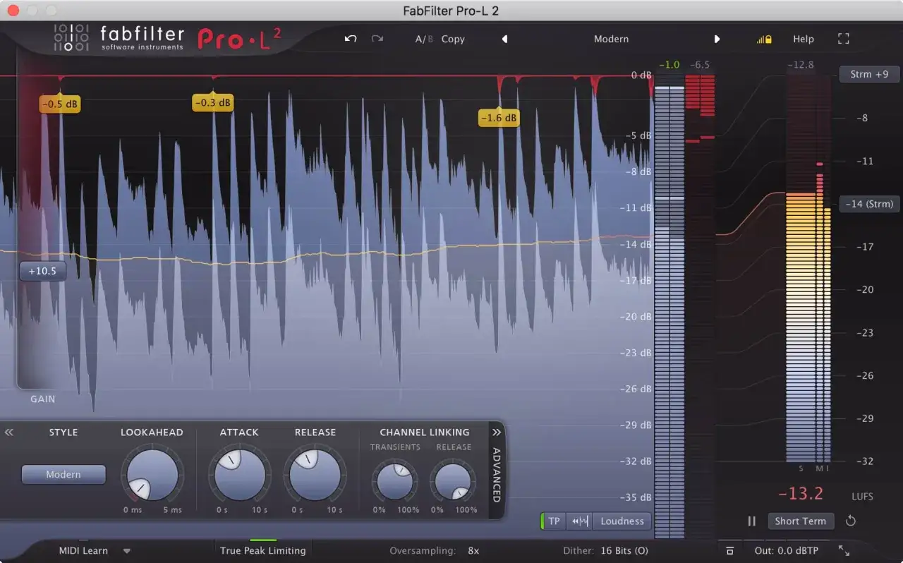 Interface de mastering audio FabFilter Pro-L 2, affichant des niveaux de gain et des formes d'onde. Le style