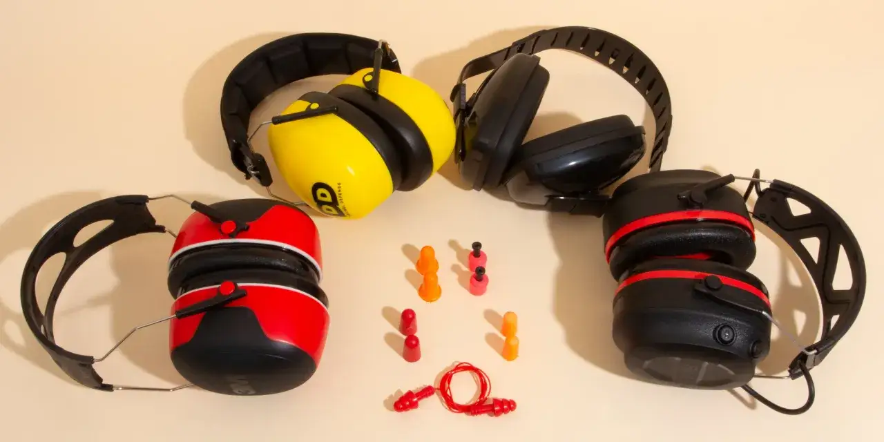 Casque anti-bruit jaune, noir et rouge, avec des bouchons d'oreilles. Idéal pour protéger vos oreilles de la musique trop forte.