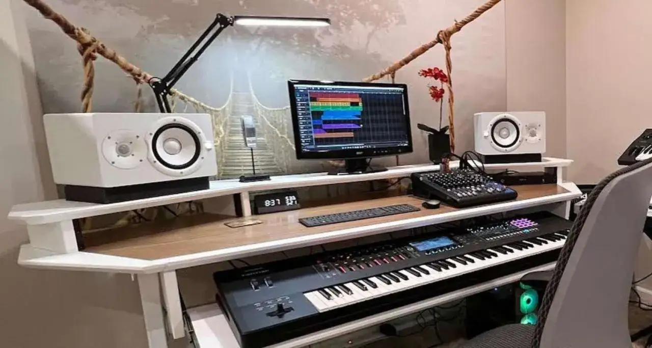 Bureau de musique avec clavier, moniteurs, table de mixage et ordinateur. Un espace propice à la musique et à la créativité.