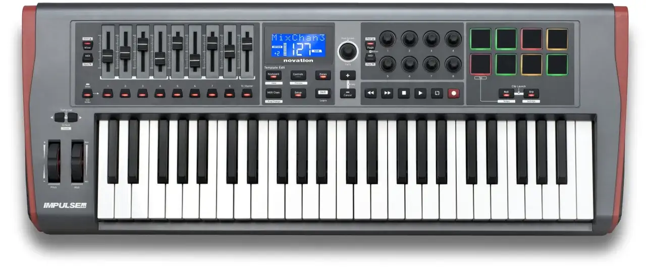 Clavier MIDI Novation Impulse 49, parfait pour créer votre propre mao musique. Il offre des faders, des pads lumineux et des touches sensibles.