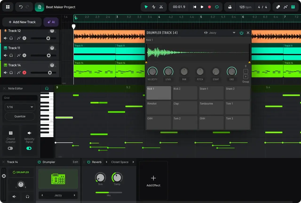 Interface d'un logiciel de création musicale, idéal pour trouver un site pour faire des instru gratuit. On y voit des pistes, un piano roll et des pads de batterie.
