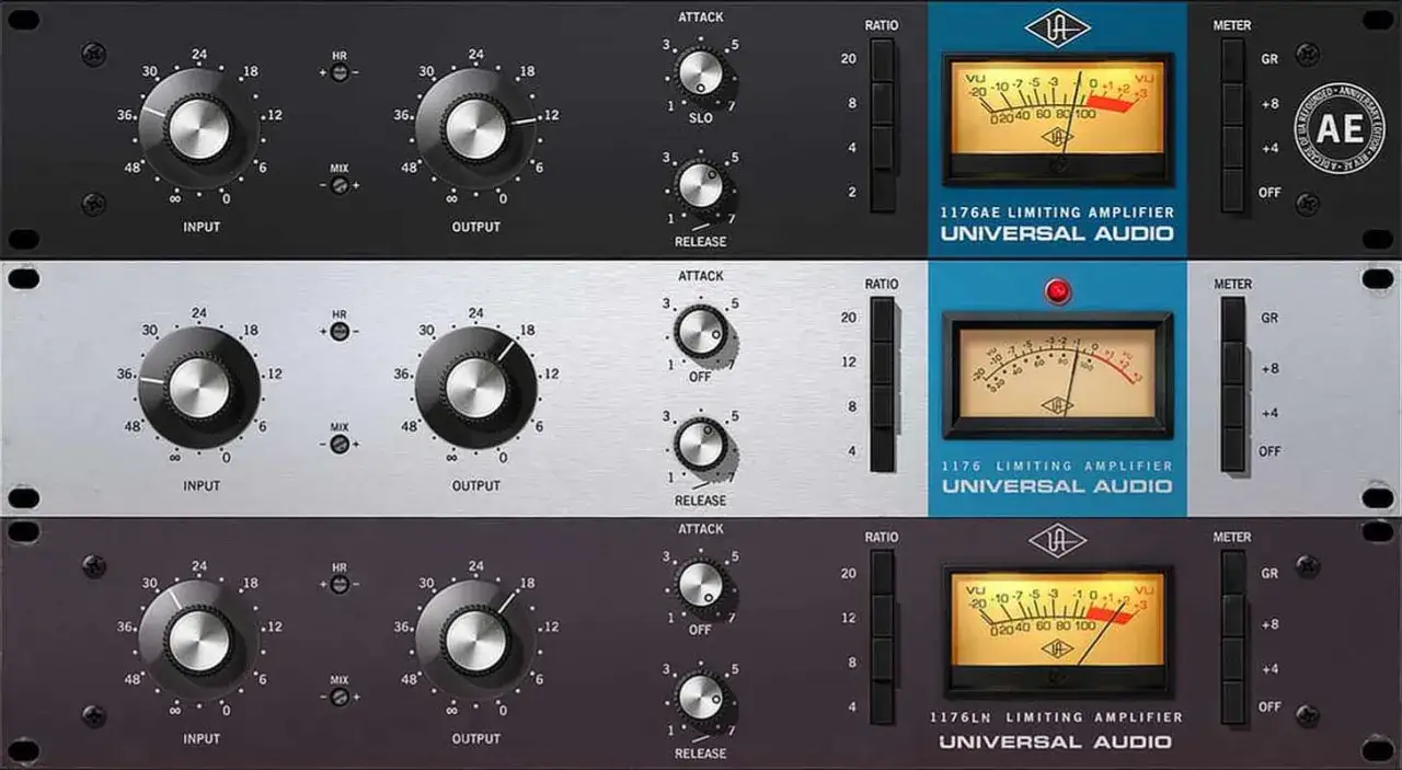 Trois compresseurs cla 76 Universal Audio, un noir, un argenté et un bleu, avec leurs VU-mètres.